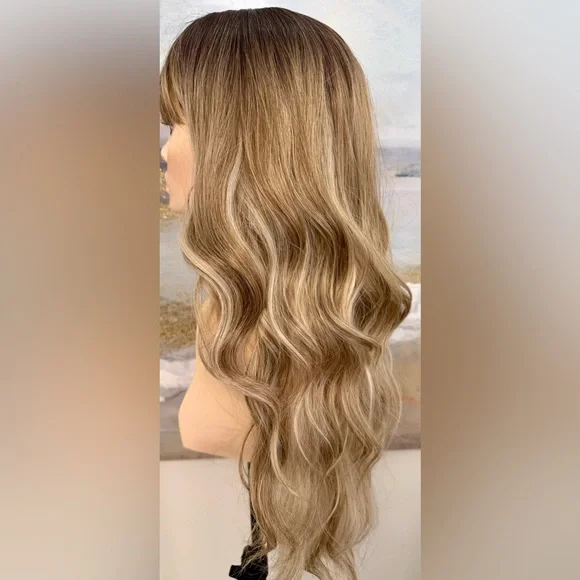 HAIR, 25” Long Wavy Layers, Center Part Bangs Ombre Med Brown/Blonde - Picture 13 of 16